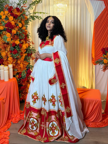 Crimson Red Gold Cross Traditional Ethiopian Wedding Dress Waist Sash And Habesha Kemis Border 1056