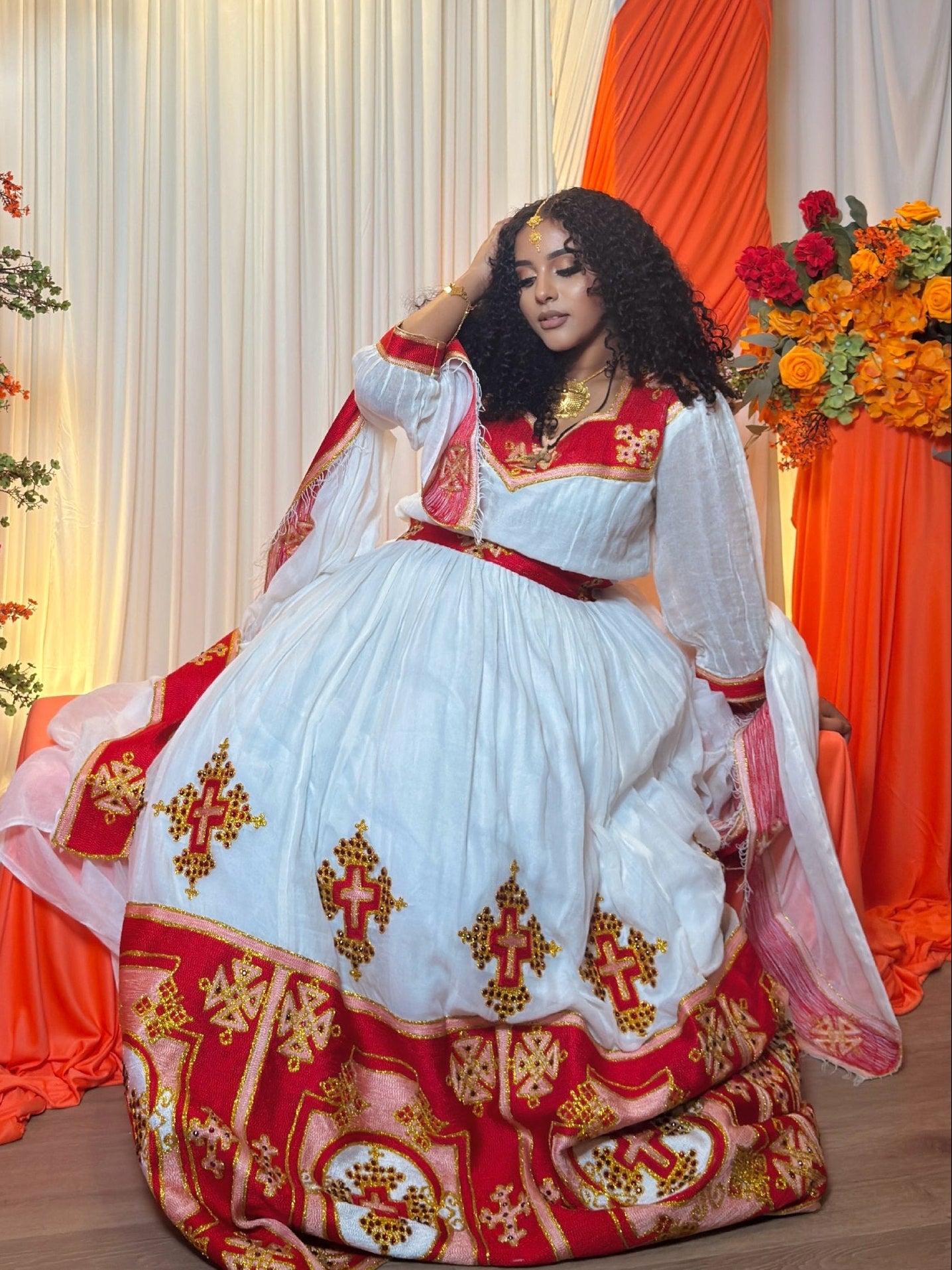 Crimson Red Gold Cross Traditional Ethiopian Wedding Dress Waist Sash And Habesha Kemis Border 1056