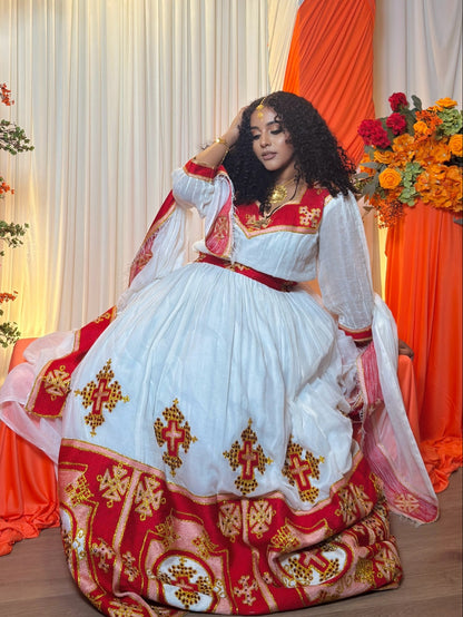 Crimson Red Gold Cross Traditional Ethiopian Wedding Dress Waist Sash And Habesha Kemis Border 1056