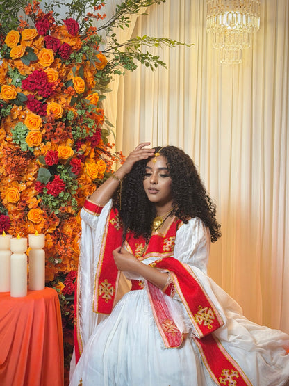 Crimson Red Gold Cross Traditional Ethiopian Wedding Dress Waist Sash And Habesha Kemis Border 1056
