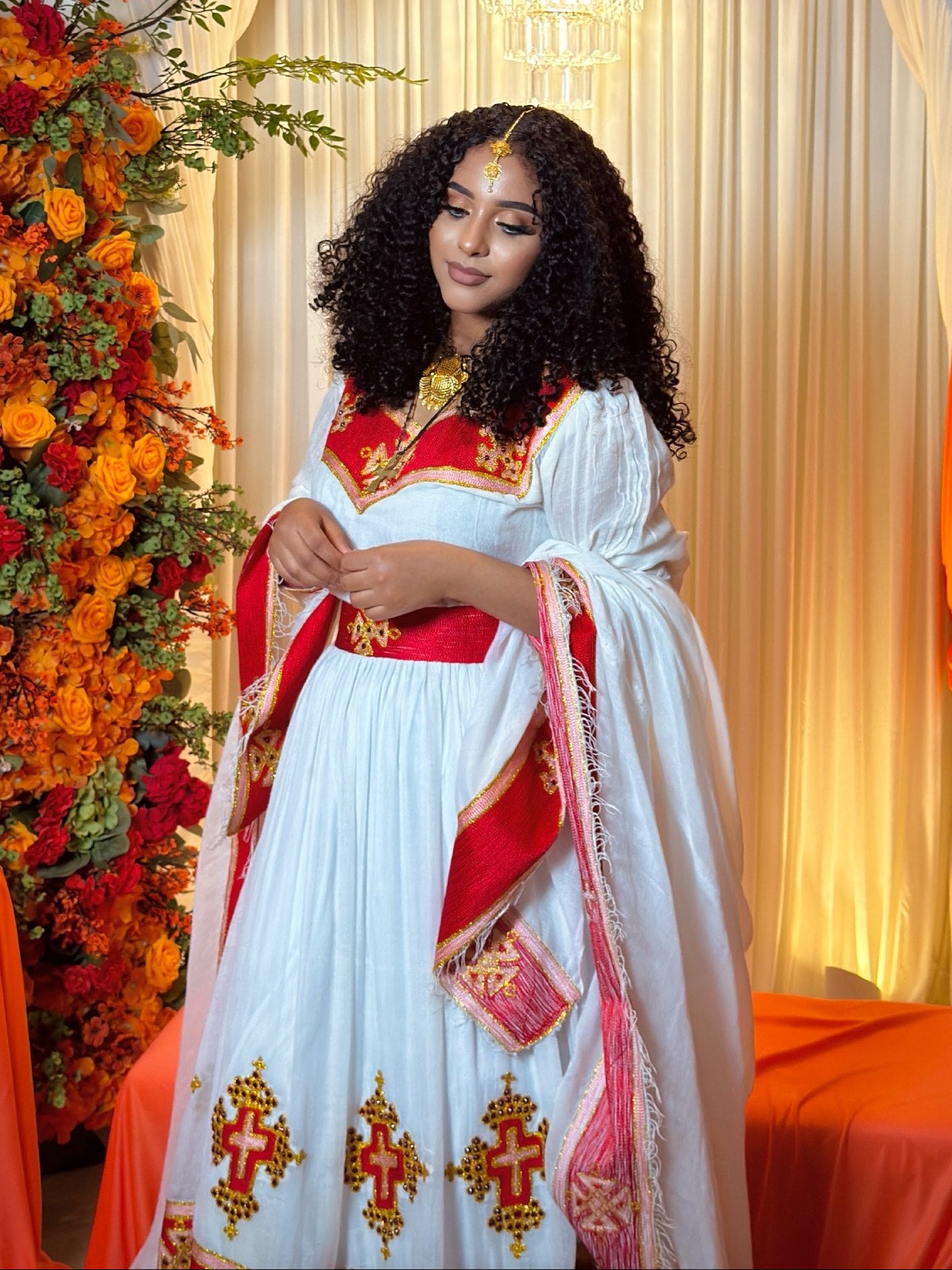 Crimson Red Gold Cross Traditional Ethiopian Wedding Dress Waist Sash And Habesha Kemis Border 1056