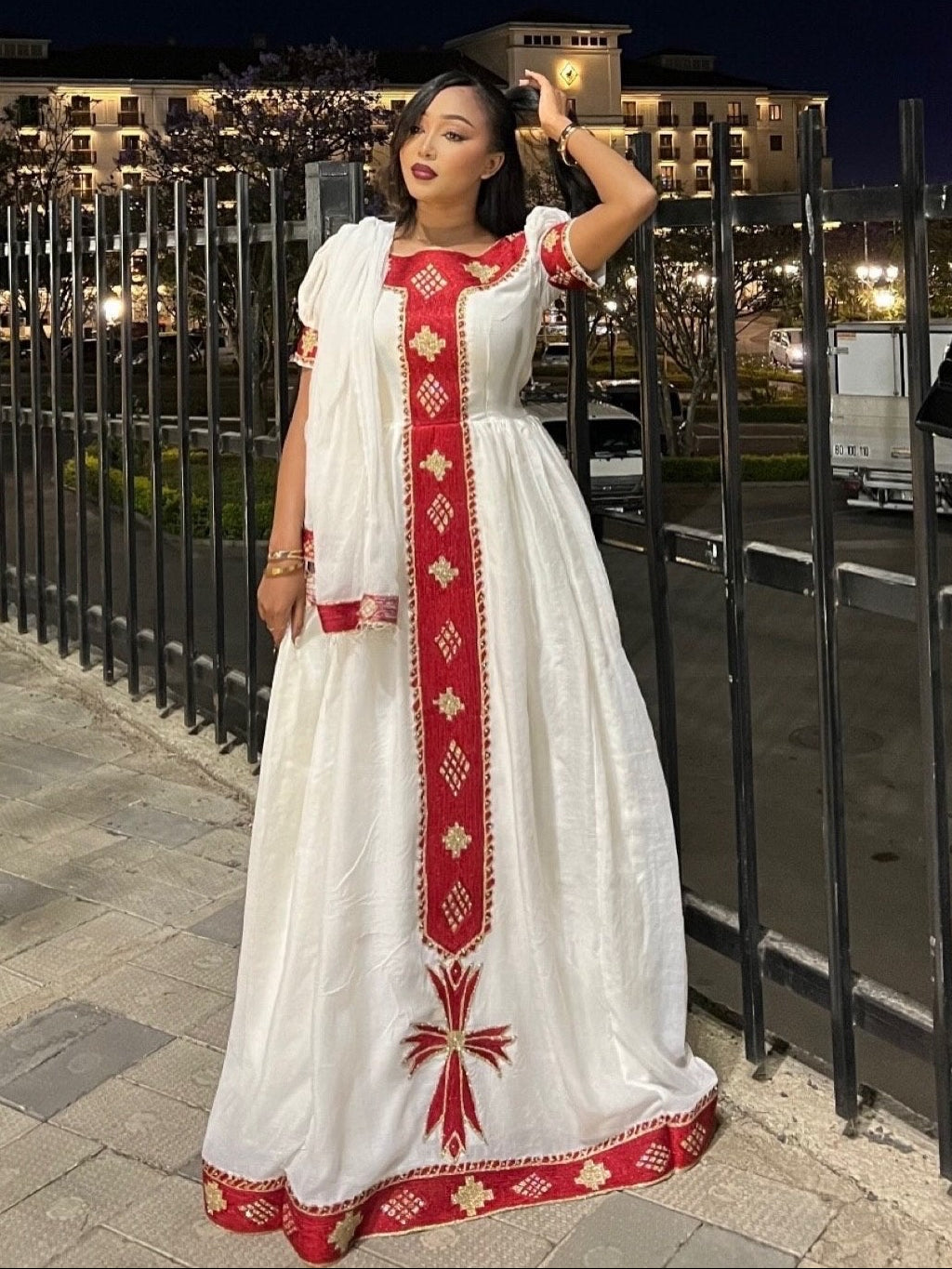 Radiant Red Gold Vertical Tilf Habesha Dress Ethiopian Clothing With Puff Sleeves And Habesha Kemis 1057