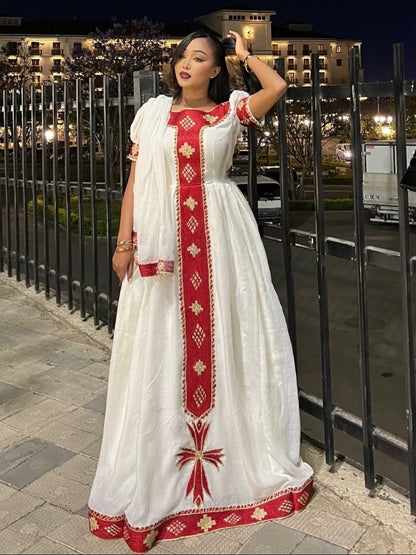Radiant Red Gold Vertical Tilf Habesha Dress Ethiopian Clothing With Puff Sleeves And Habesha Kemis 1057