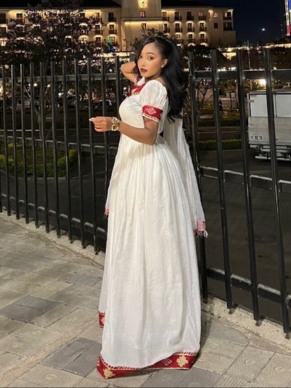Radiant Red Gold Vertical Tilf Habesha Dress Ethiopian Clothing With Puff Sleeves And Habesha Kemis 1057