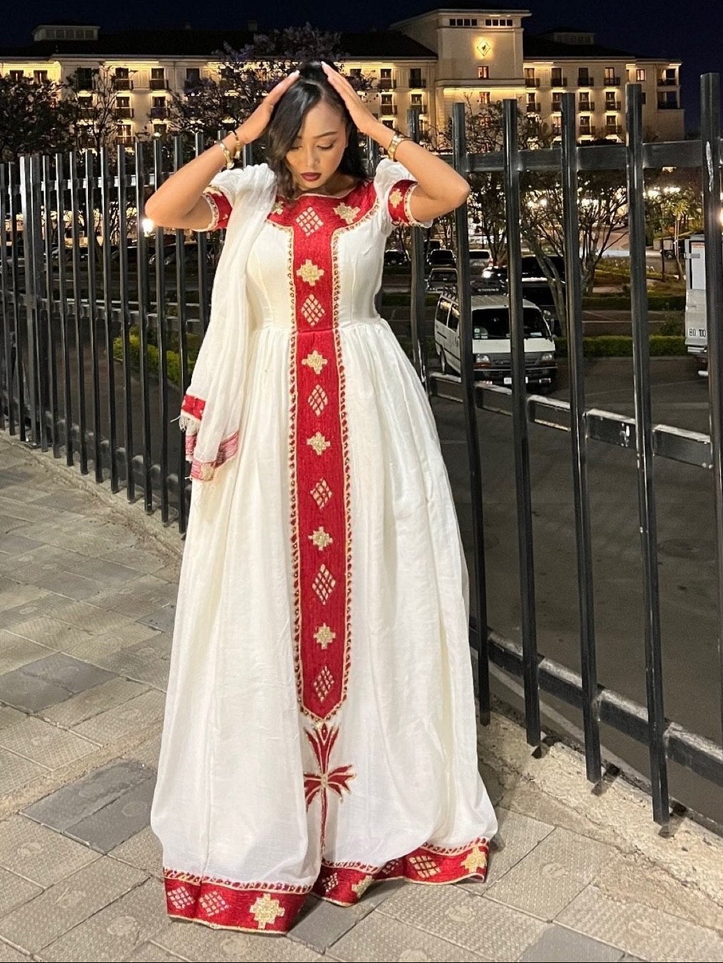 Radiant Red Gold Vertical Tilf Habesha Dress Ethiopian Clothing With Puff Sleeves And Habesha Kemis 1057
