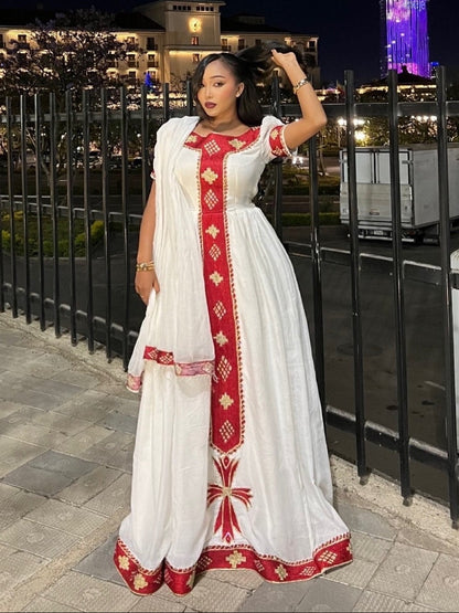 Radiant Red Gold Vertical Tilf Ethiopian Dress With Puff Sleeves And Habesha Cloth Netela