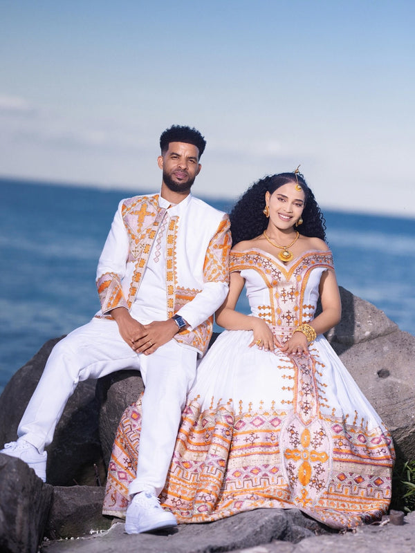 Peach Rose Gold Habesha Couple Outfit Off-Shoulder Gown And Habesha Matching Tunic 1058