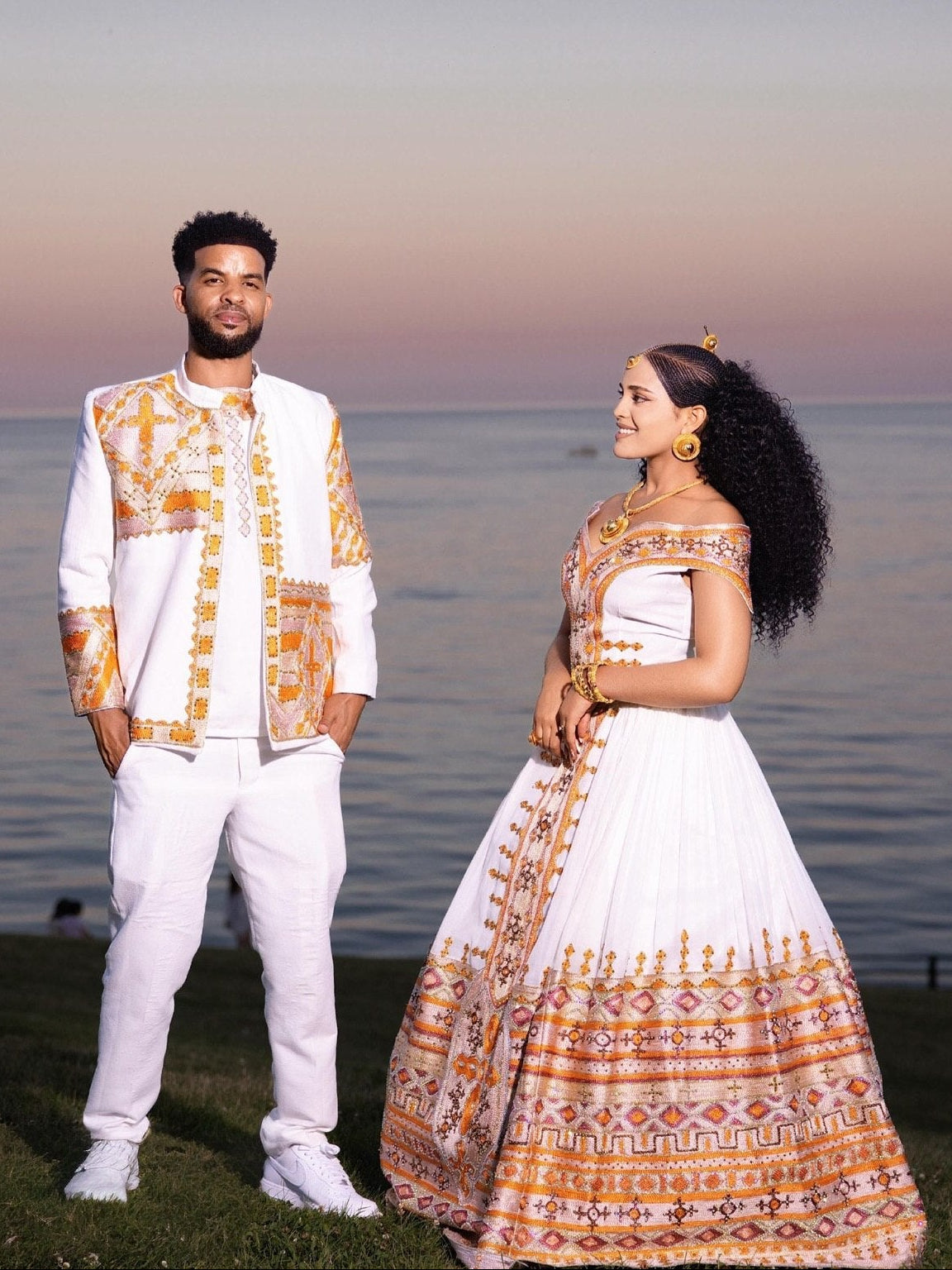 Peach Rose Gold Habesha Couple Outfit Off-Shoulder Gown And Habesha Matching Tunic 1058