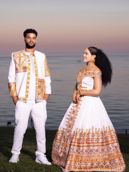 Peach Rose Gold Habesha Couple Outfit Off-Shoulder Gown And Habesha Matching Tunic 1058