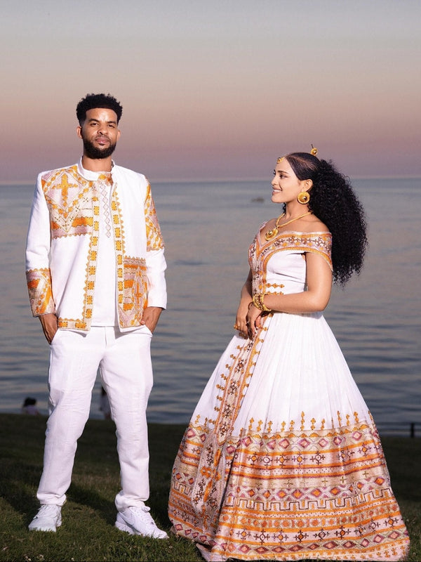 Peach Rose Gold Habesha Couple Outfit Off-Shoulder Gown And Habesha Matching Tunic 1058