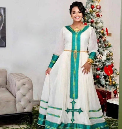 Exquisite Green Habesha Dress: with Light Green Handmade Detailing Traditional Ethiopian Dress