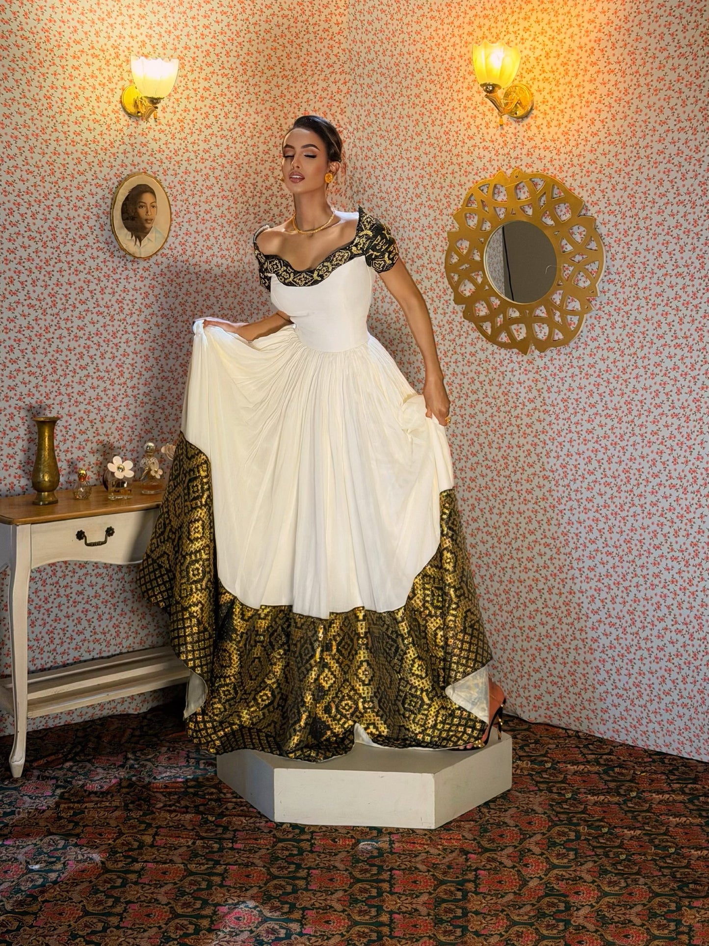 Regal Ivory Habesha Kemis Intricate Black and Gold Tibeb Habesha Dress for Timeless Ethiopian Heritage Style 1059