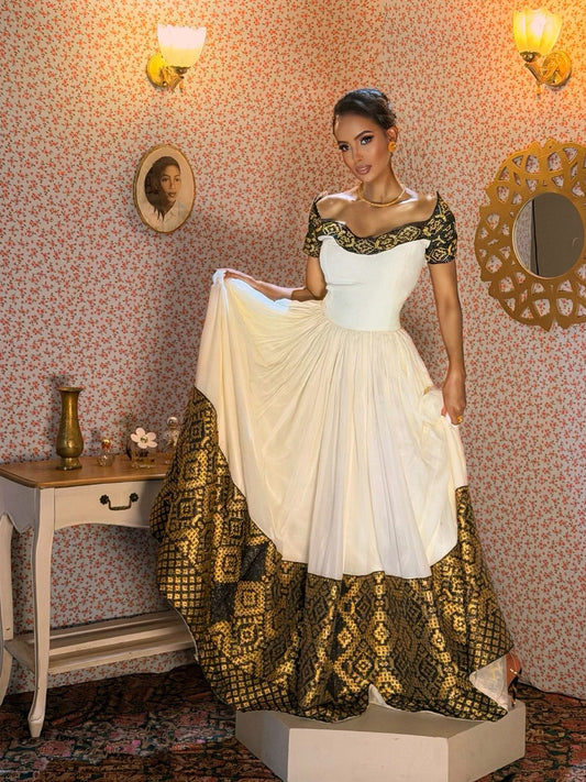 RRegal Ivory Habesha Kemis Black & Gold Eritrean Dress Ethiopian Traditional Clothingegal Ivory Habesha Kemis 