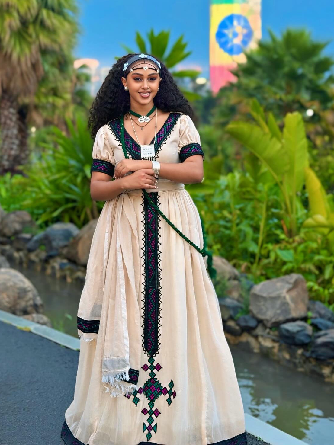 Heritage Habesha Kemis with Jewel-Toned Tibeb Braided Waist Detail Ethiopian Dress & Artisanal Habesha Dress 1061