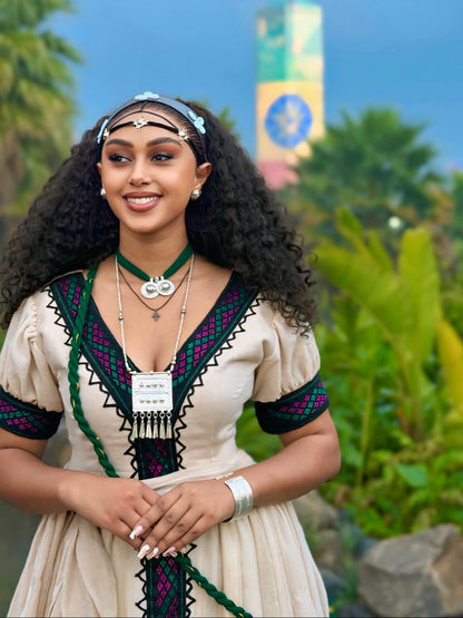 Heritage Habesha Kemis with Jewel-Toned Tibeb Braided Waist Detail Ethiopian Dress & Artisanal Habesha Dress 1061