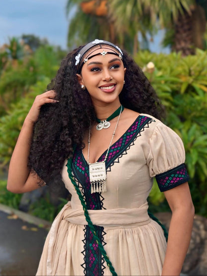 Heritage Habesha Kemis with Jewel-Toned Tibeb Braided Waist Detail Ethiopian Dress & Artisanal Habesha Dress 1061