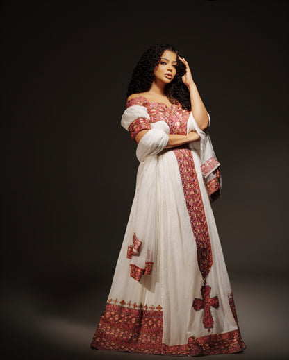 Traditional Ethiopian Dress with Rosy Magenta Tibeb, Cross Motif & Handwoven Habesha Kemis Short Sleeve Habesha Dress 1062