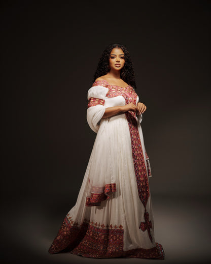 Traditional Ethiopian Dress with Rosy Magenta Tibeb, Cross Motif & Handwoven Habesha Kemis Short Sleeve Habesha Dress 1062