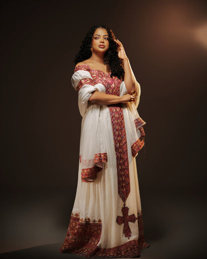 Traditional Ethiopian Dress with Rosy Magenta Tibeb, Cross Motif & Handwoven Habesha Kemis Short Sleeve Habesha Dress 1062