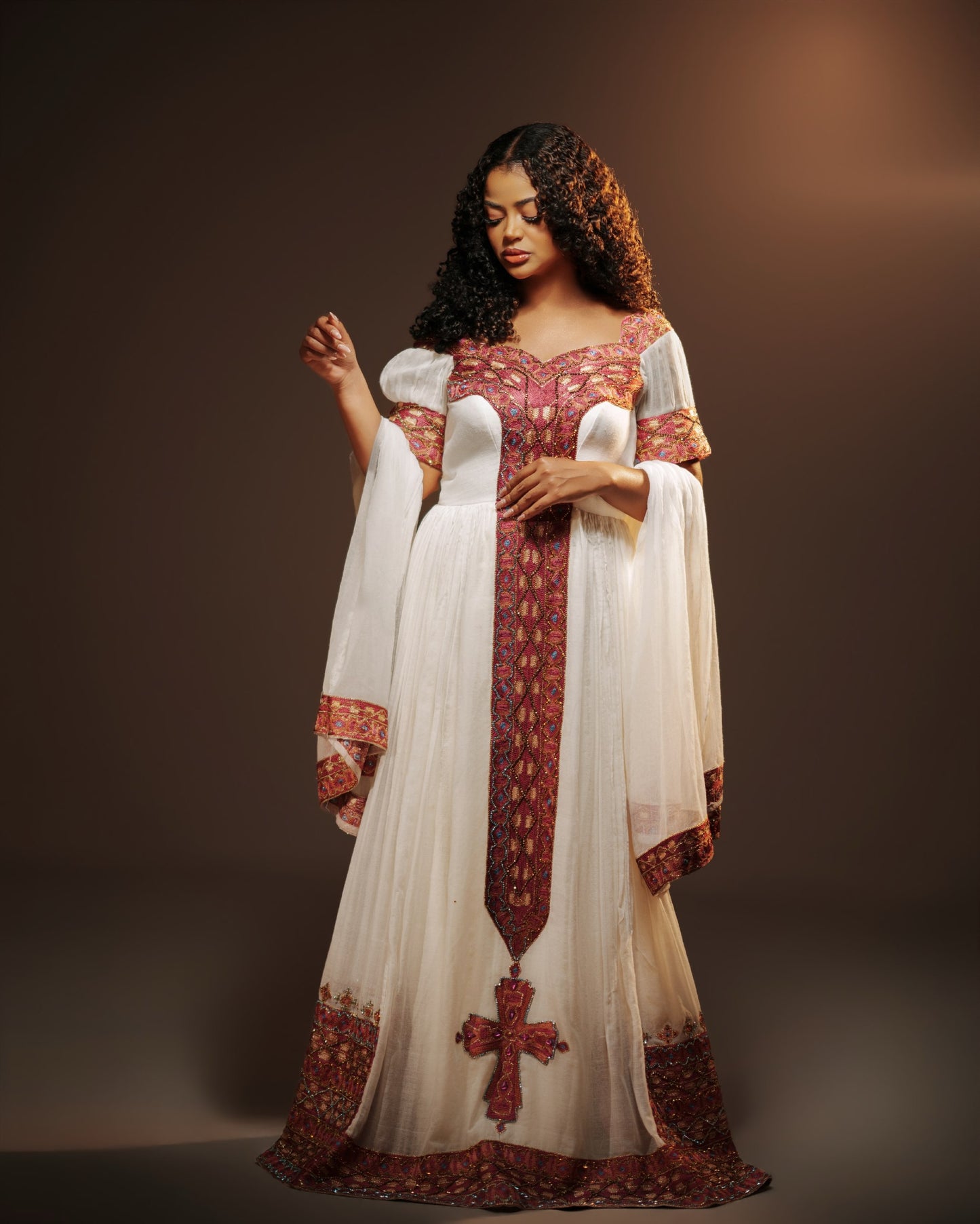 Traditional Ethiopian Dress with Rosy Magenta Tibeb, Cross Motif & Handwoven Habesha Kemis Short Sleeve Habesha Dress 1062