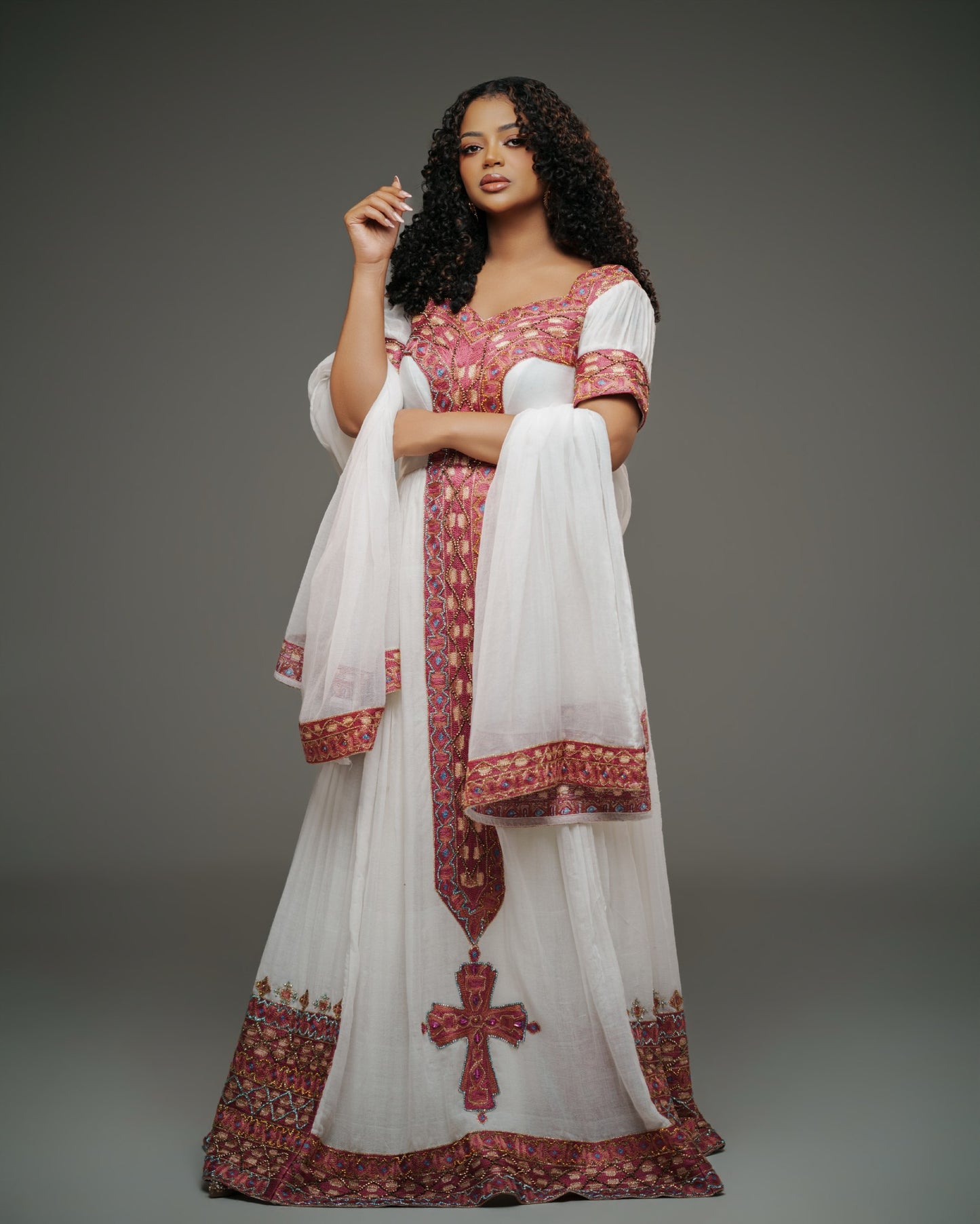 Ethiopian Habesha Kemis with Rosy Magenta Tibeb, Cross Motif 
