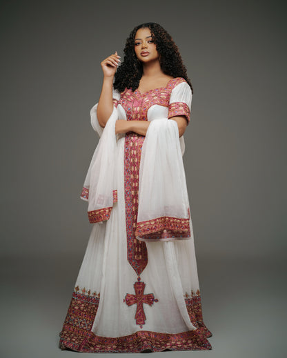 Ethiopian Habesha Kemis with Rosy Magenta Tibeb, Cross Motif 
