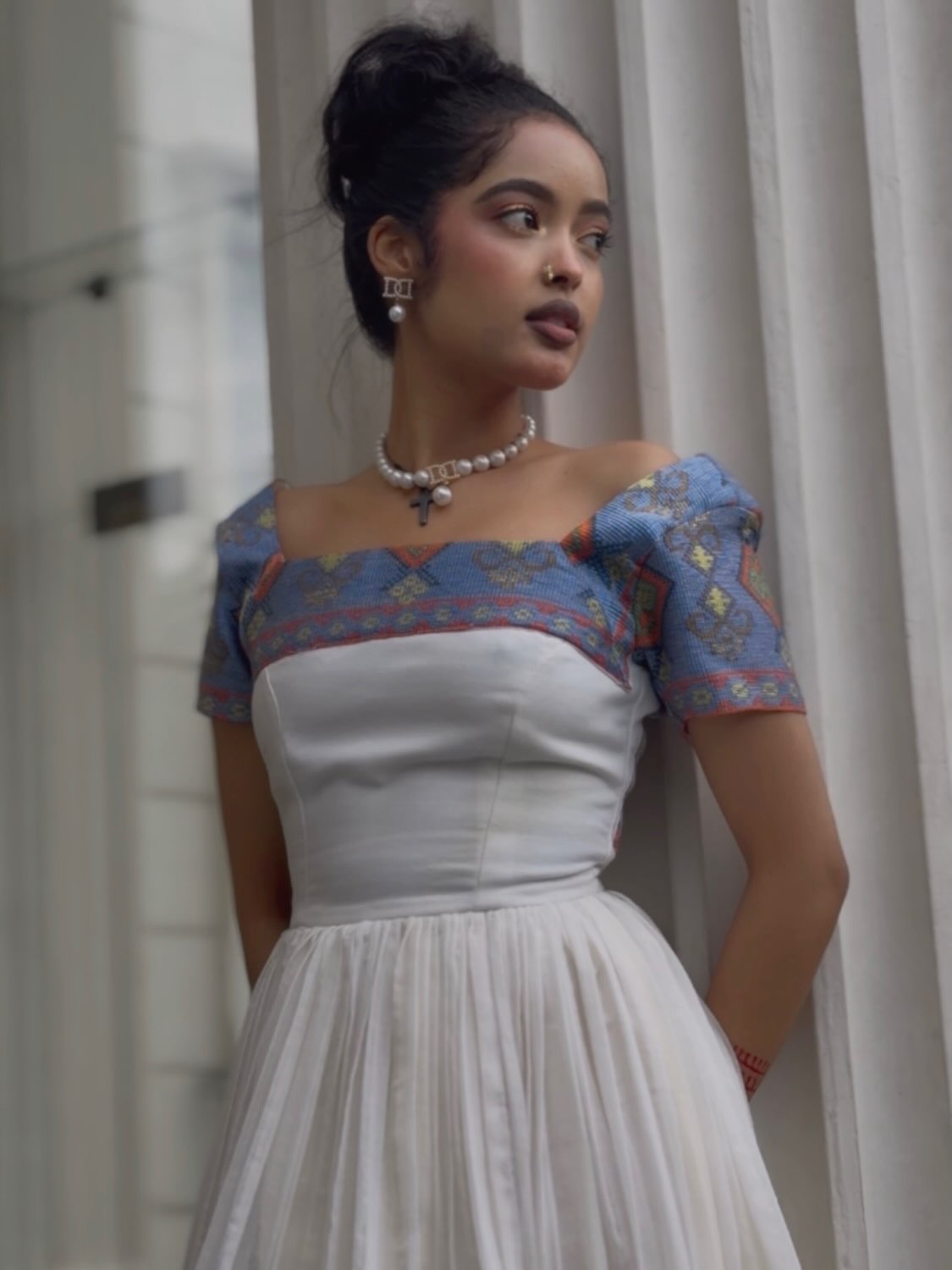 Rain-Kissed Abyssinian Bloom Habesha Kemis Azure Woven Border Habesha Dress Stylish Ethiopian Dress 1063
