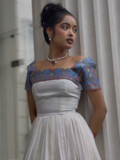 Rain-Kissed Abyssinian Bloom Habesha Kemis Azure Woven Border Habesha Dress Stylish Ethiopian Dress 1063