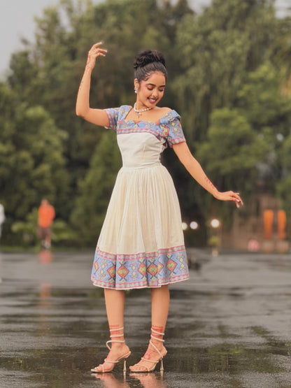 Rain-Kissed Abyssinian Bloom Habesha Kemis Azure Woven Border Habesha Dress Stylish Ethiopian Dress 1063