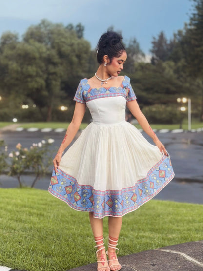 Rain-Kissed Abyssinian Bloom Habesha Kemis Azure Woven Border Habesha Dress Stylish Ethiopian Dress 1063