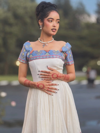 Rain-Kissed Abyssinian Bloom Habesha Kemis Azure Woven Border Habesha Dress Stylish Ethiopian Dress 1063