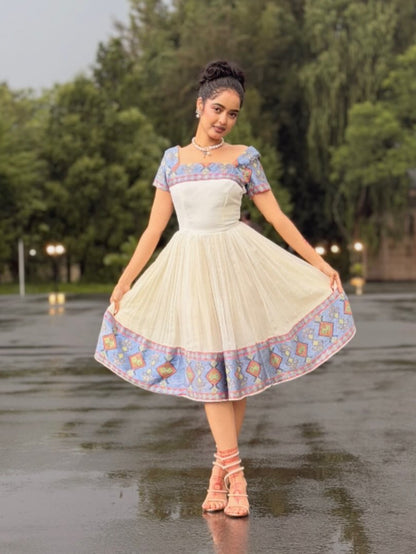 Rain-Kissed Abyssinian Bloom Habesha Kemis with Azure Woven Border