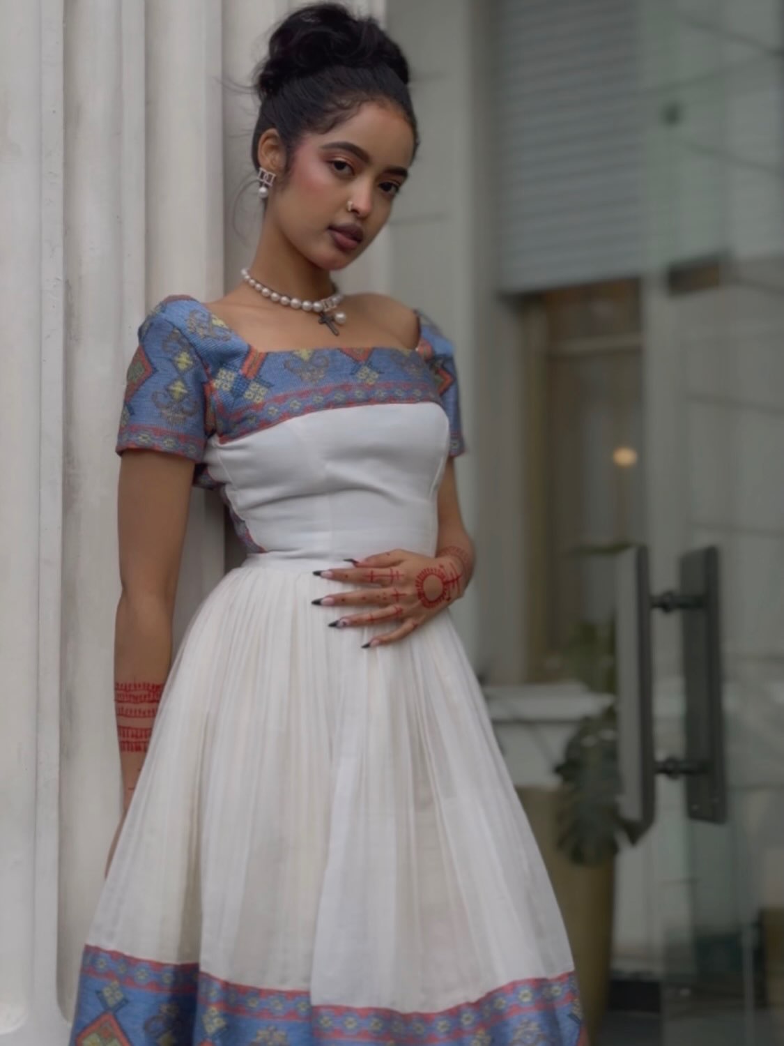 Rain-Kissed Abyssinian Bloom Habesha Kemis Azure Woven Border Habesha Dress Stylish Ethiopian Dress 1063