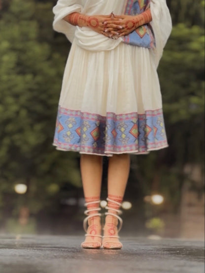 Rain-Kissed Abyssinian Bloom Habesha Kemis Azure Woven Border Habesha Dress Stylish Ethiopian Dress 1063