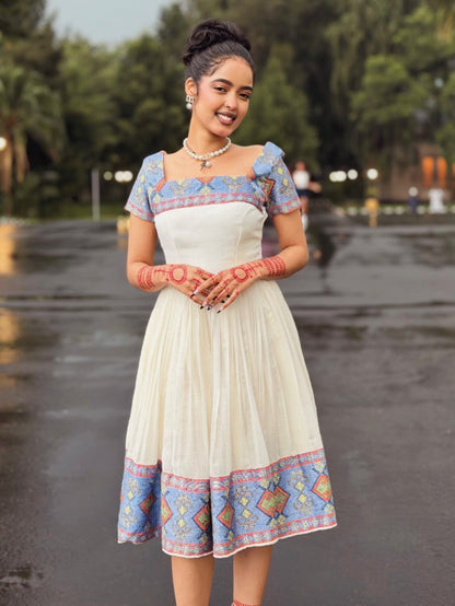 Rain-Kissed Abyssinian Bloom Habesha Kemis Azure Woven Border Habesha Dress Stylish Ethiopian Dress 1063