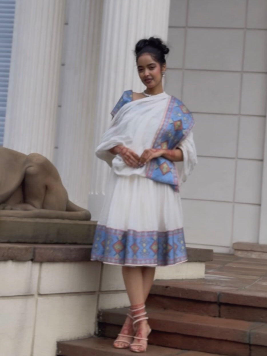 Rain-Kissed Abyssinian Bloom Habesha Kemis Azure Woven Border Habesha Dress Stylish Ethiopian Dress 1063