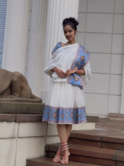 Rain-Kissed Abyssinian Bloom Habesha Kemis Azure Woven Border Habesha Dress Stylish Ethiopian Dress 1063