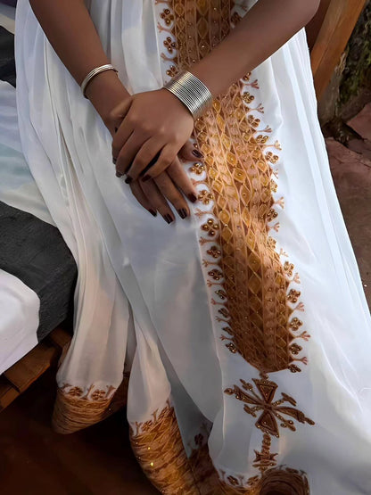 Copper Gold V Neck Vertical Cross Eritrean Dress Sleeveless Cut Habesha Kemis And Habesha Cloth Weave 1064