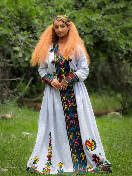 Vibrant Geometric Floral Ethiopian Traditional Dress