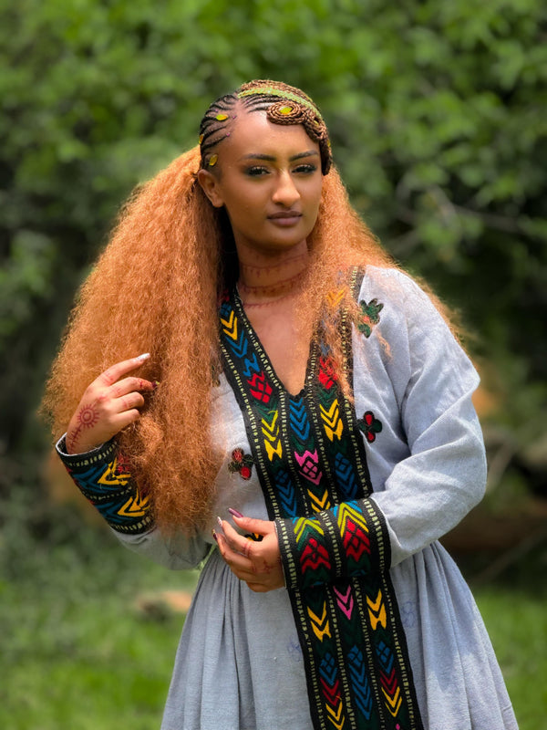 Multi Color Chevron Vertical Tilf Habesha Dress Ethiopian Dress With Floral Motifs And Habesha Kemis Finish 1065