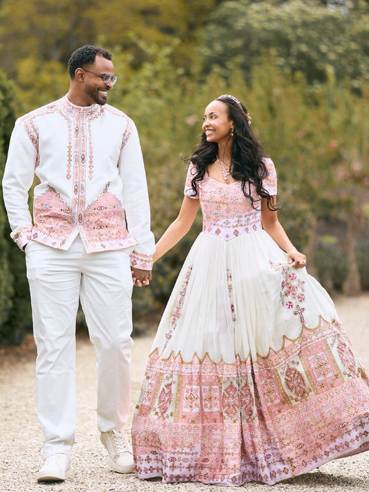 Luxurious Rose Gold Ethiopian Couple Matching Outfit 