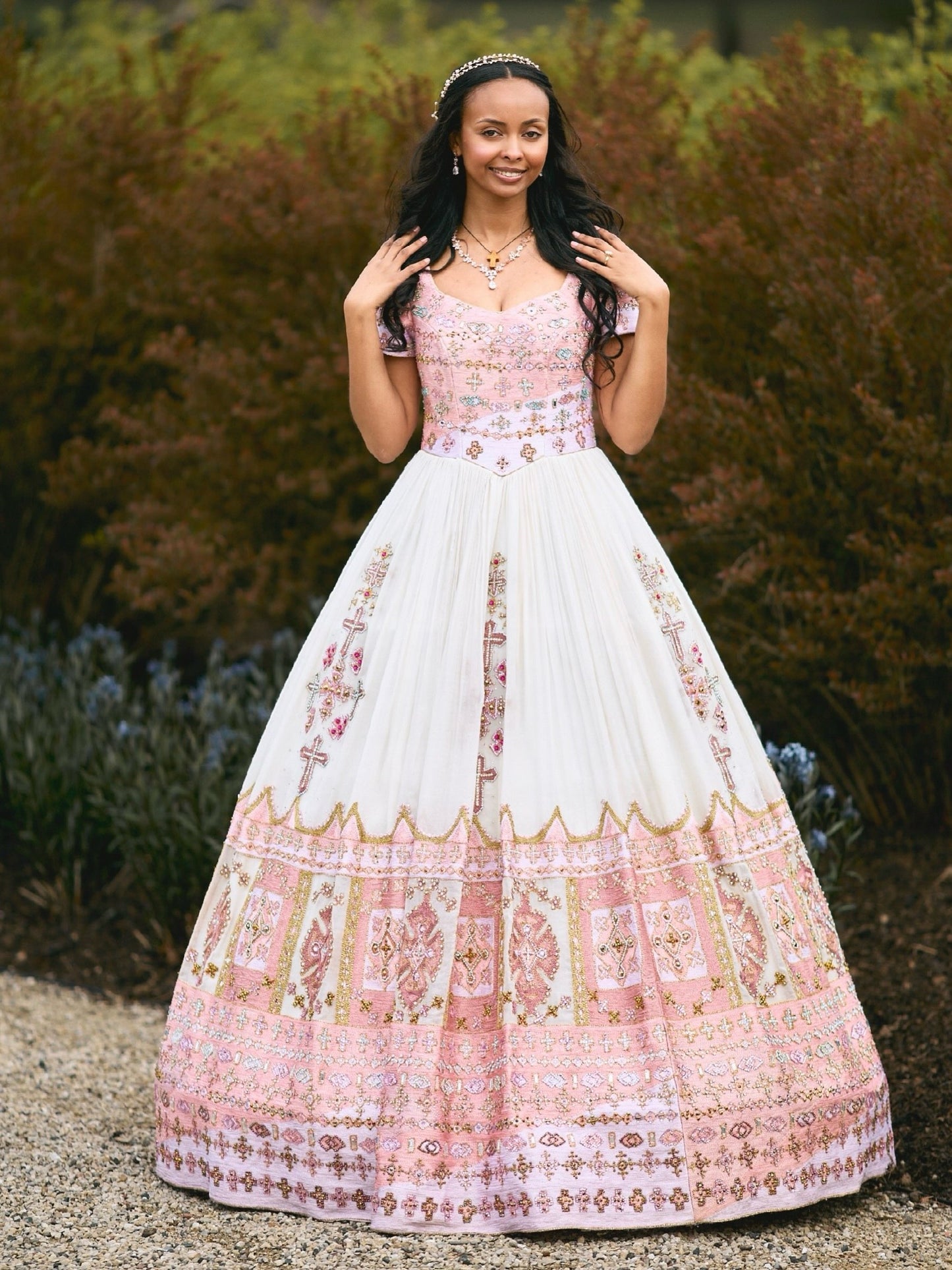 Blush Pink Gold Matching Habesha Couple Outfit With Bridal Train Gown And Habesha Cloth Jacket 1066