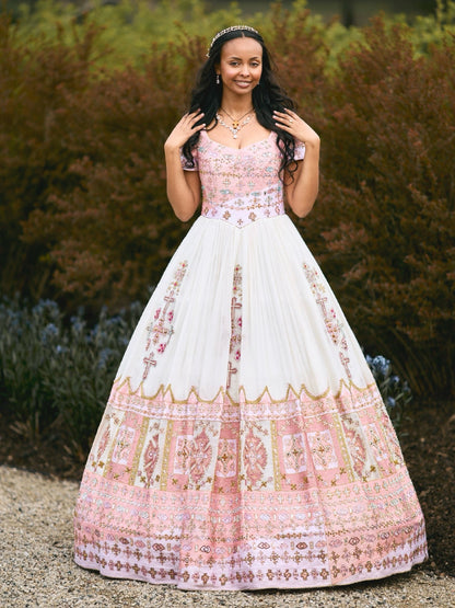 Blush Pink Gold Matching Habesha Couple Outfit With Bridal Train Gown And Habesha Cloth Jacket 1066