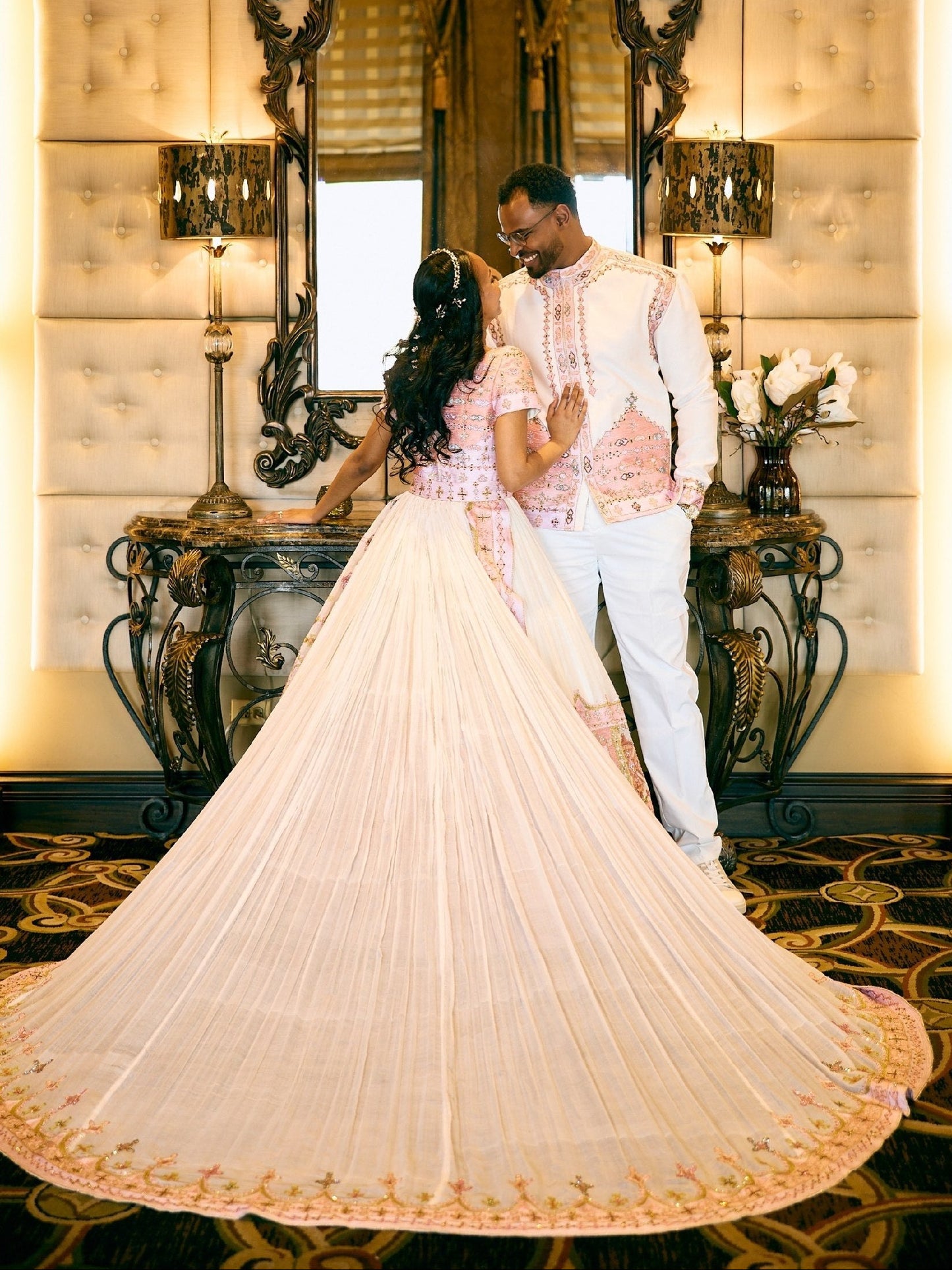 Blush Pink Gold Matching Habesha Couple Outfit With Bridal Train Gown And Habesha Cloth Jacket 1066