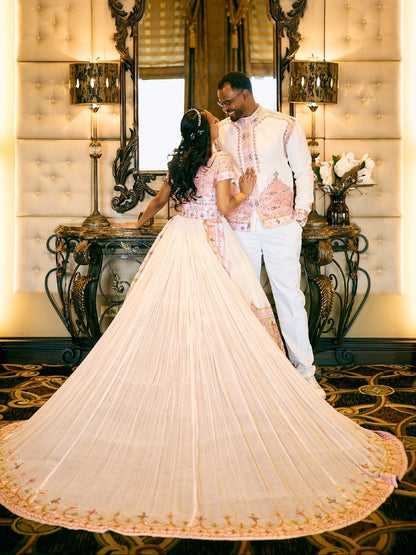 Blush Pink Gold Matching Habesha Couple Outfit With Bridal Train Gown And Habesha Cloth Jacket 1066