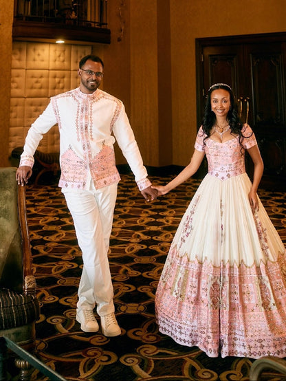 Blush Pink Gold Matching Habesha Couple Outfit With Bridal Train Gown And Habesha Cloth Jacket 1066