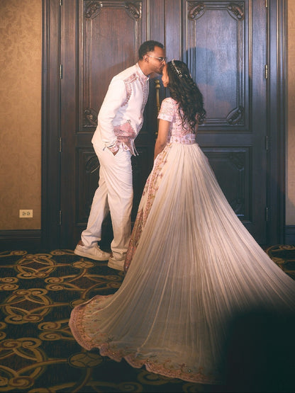 Blush Pink Gold Matching Habesha Couple Outfit With Bridal Train Gown And Habesha Cloth Jacket 1066