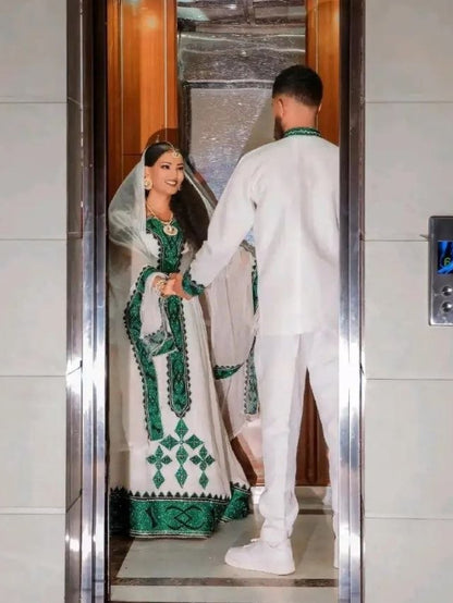 Emerald Harmony Habesha Couple Ensemble Timeless Ethiopian-Inspired Matching Attire 1067