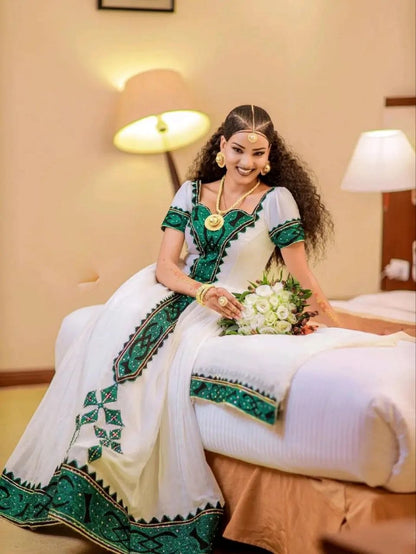 Emerald Harmony Habesha Couple Ensemble Timeless Ethiopian-Inspired Matching Attire 1067