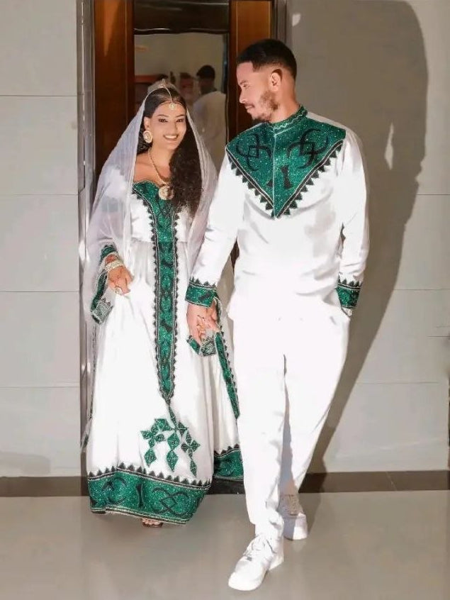 Emerald Harmony Habesha Couple Ensemble Ethiopian-Inspired Matching Attire
